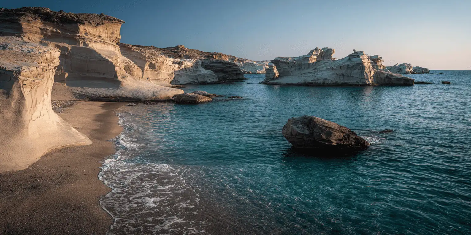 Aerial view of Santorini's caldera glowing at sunset